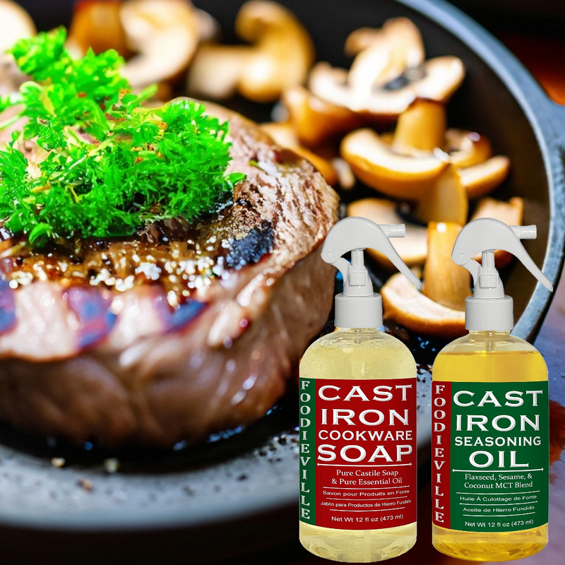 Creation Farm Cast Iron Care Set: Natural Non-Stick Oil & Gentle Soap for Pro Cooking – Perfect for DIY Seasoning, Cleaning, & Maintenance of Skillets, Griddles, Flat Top Grills, and Dutch Ovens.
