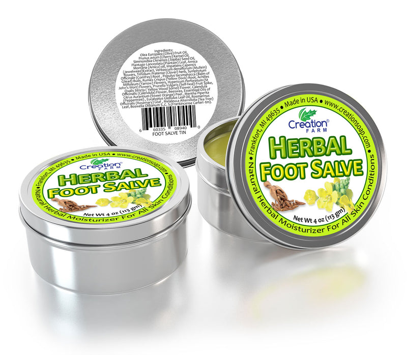 Best Foot Care Herbal Salve Large 4 oz Tin of Botanical Foot Balm Mejor cuidado de los pies - Creation Pharm